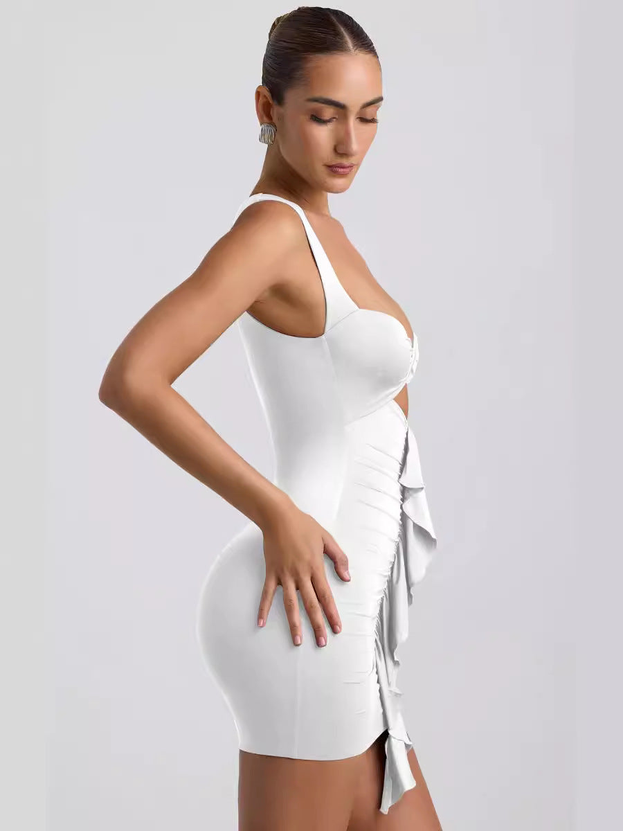 white Pleated ribbon cutout bodycon mini dress