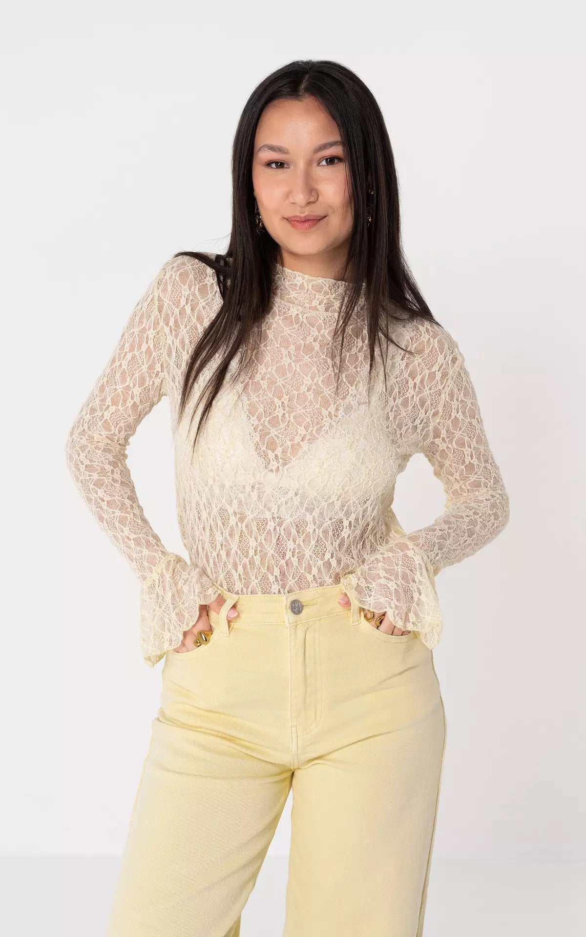 lace long-sleeved base shirt see-through inner cut-out top