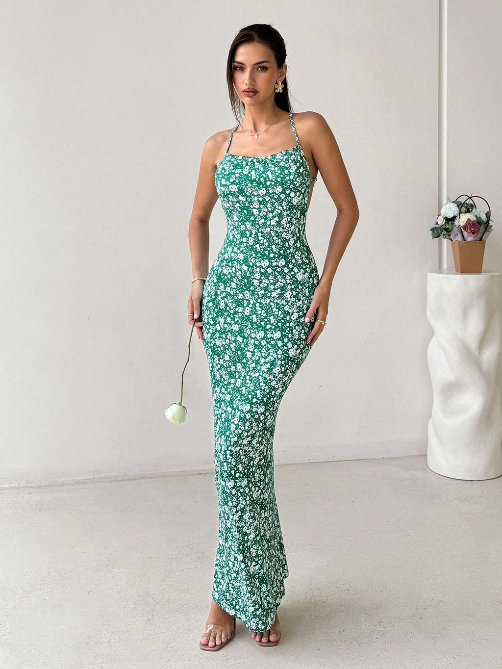 maria green Backless fishtail floral print maxi dress