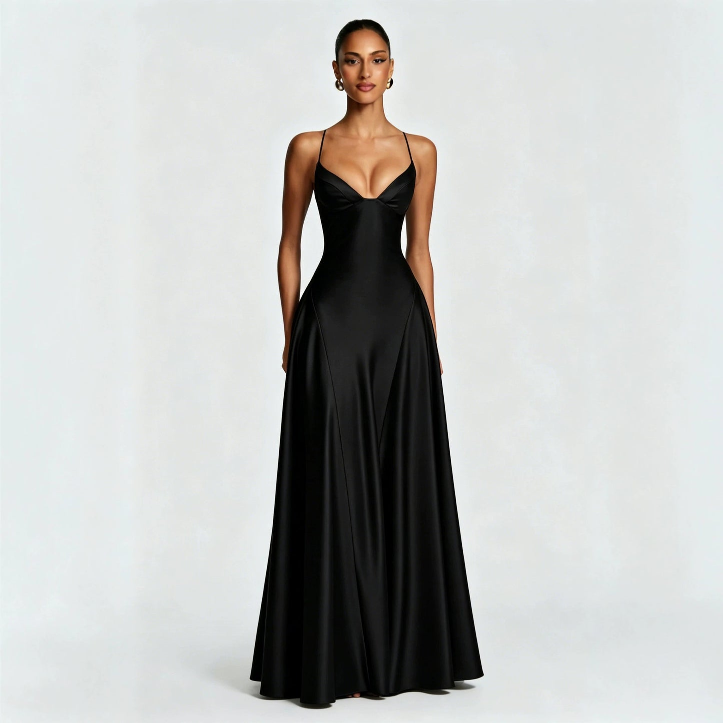 black Spaghetti Deep V Large Swing maxi Dress