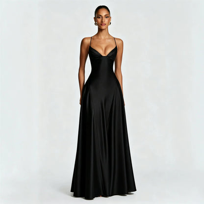 black Spaghetti Deep V Large Swing maxi Dress