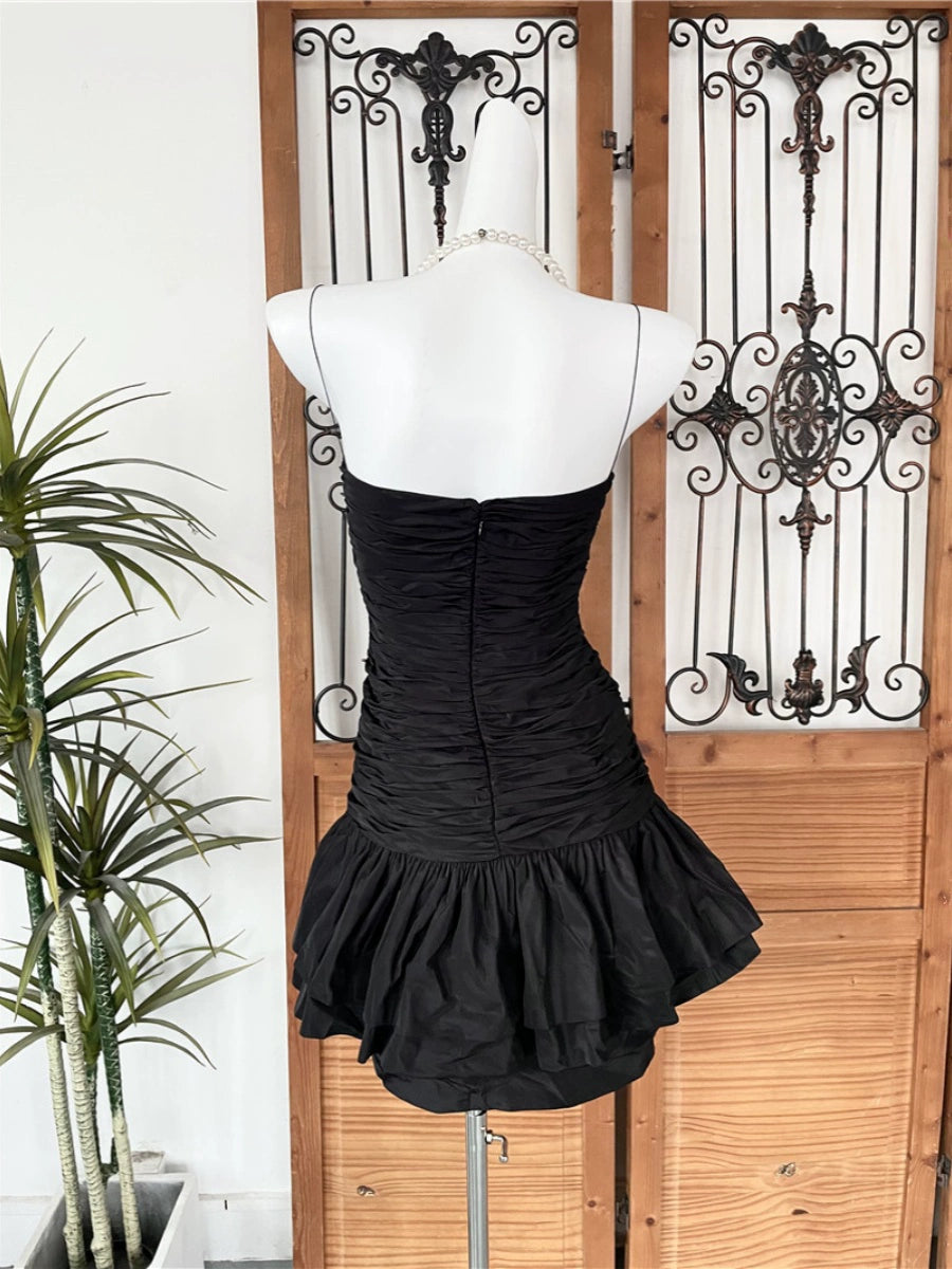 strapless Layer pinched pleated bandeau diamond ruffle slim mini dress