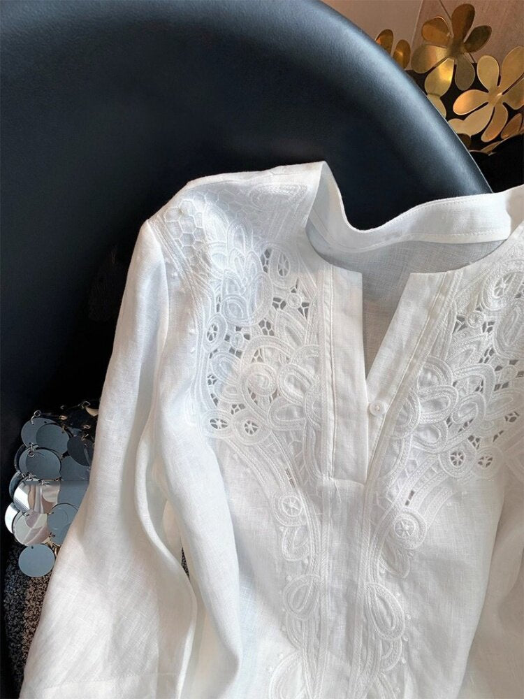 white linen long-sleeve hollow-out embroidered V-neck top