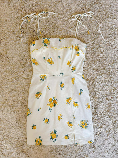 floral side slit lace-up dress