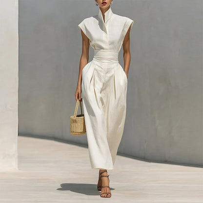 white sleeveless waist maxi dress