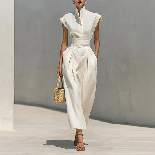 white sleeveless waist maxi dress