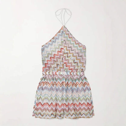 Print Colorful Wave Open Back Halterneck Slit Jumpsuit