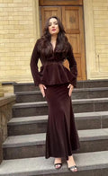 brown Long Sleeve Long Skirt Set