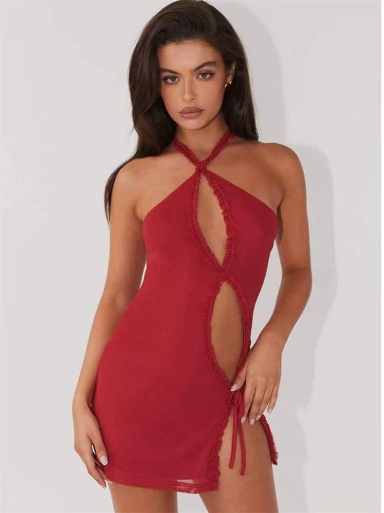 burgundy cut-out suspender mini dress