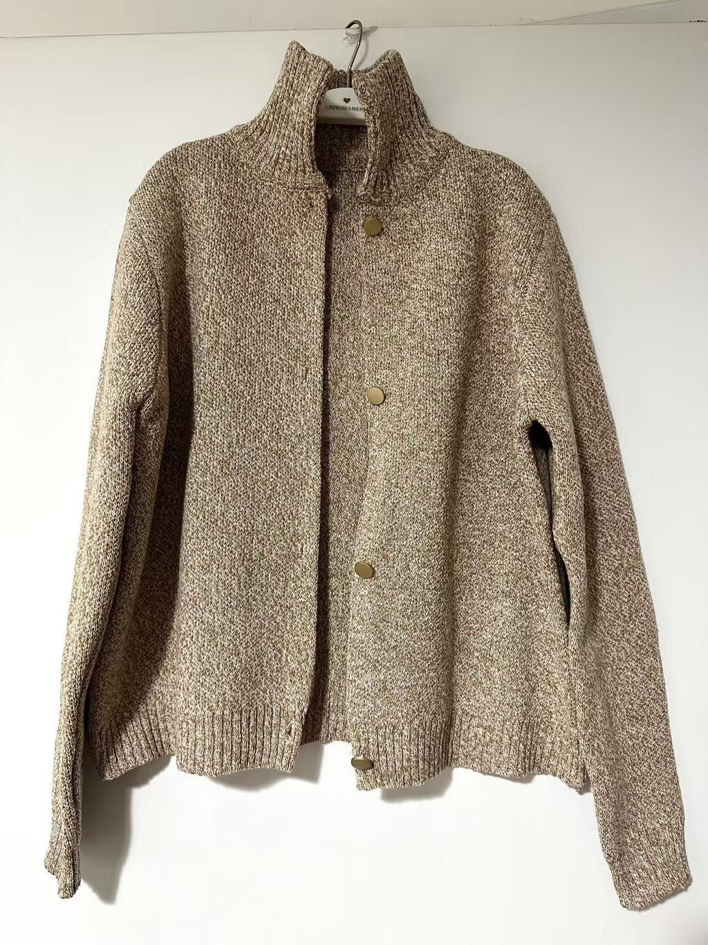 High-neck button-down knit short cardigan jacket