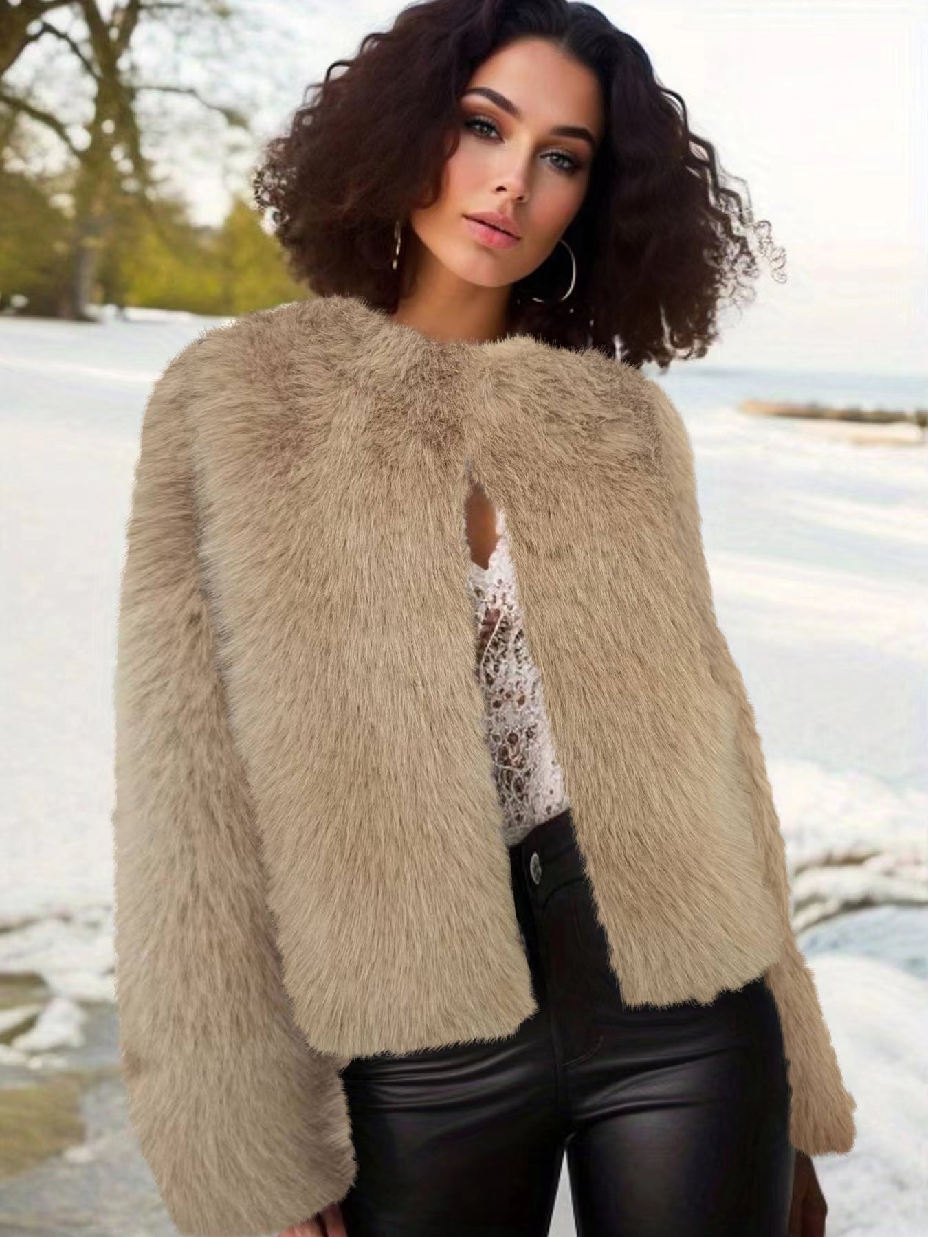 crew neck cropped imitation fur jackets