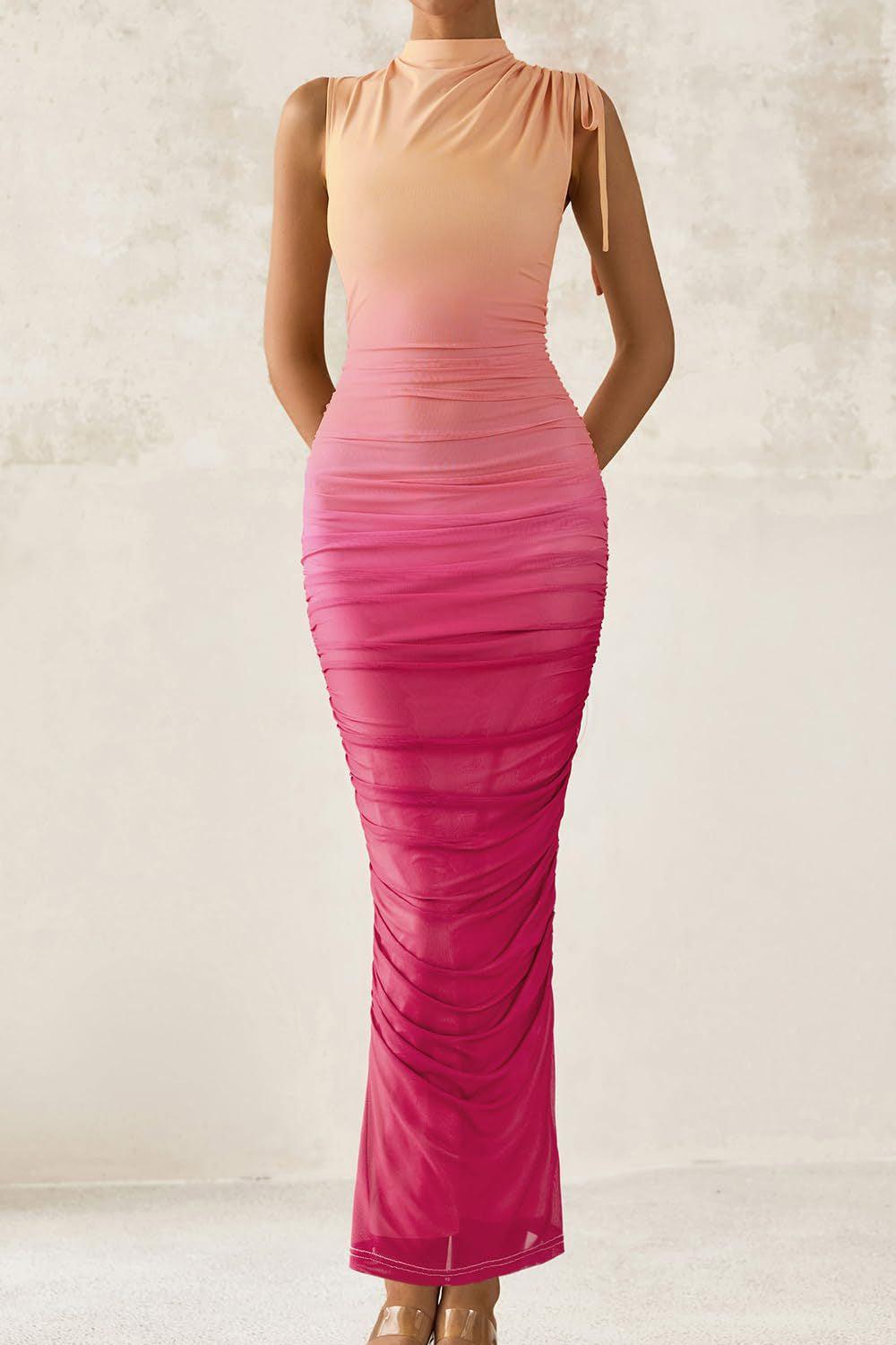 pink Mesh flowers sleeveless crew neck dress