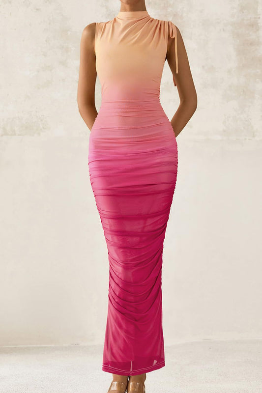 pink Mesh flowers sleeveless crew neck dress