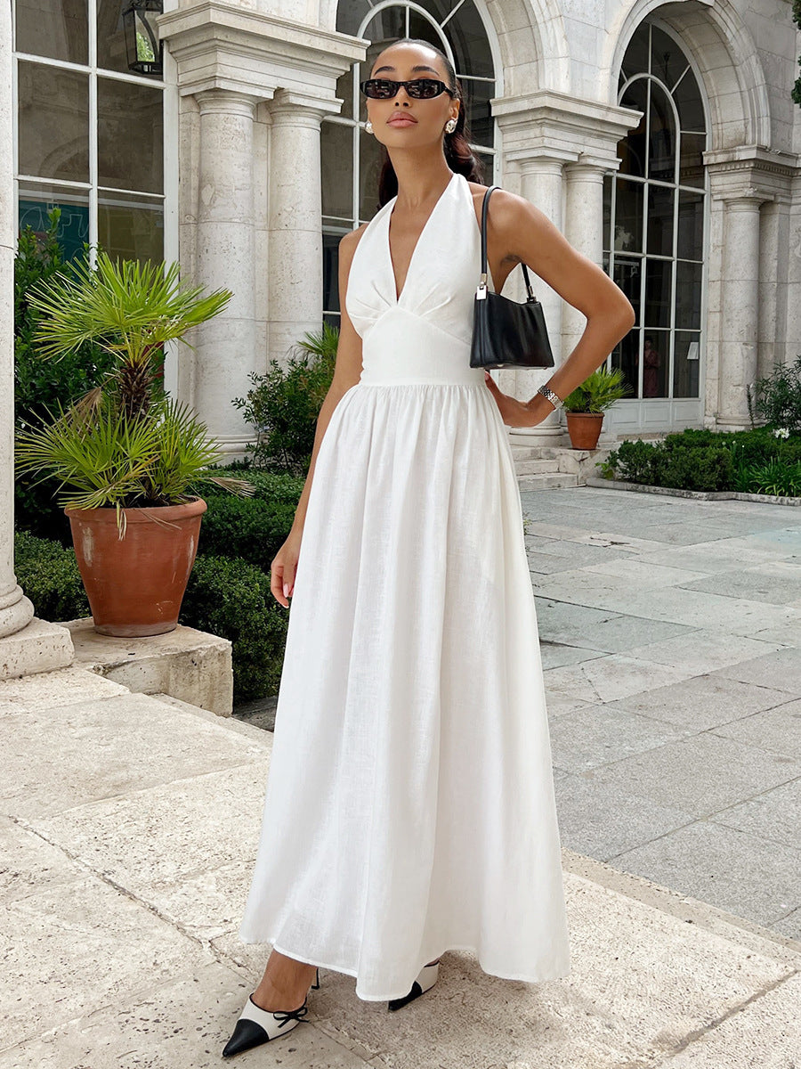 white Deep V-neck halter neck tie backless dress