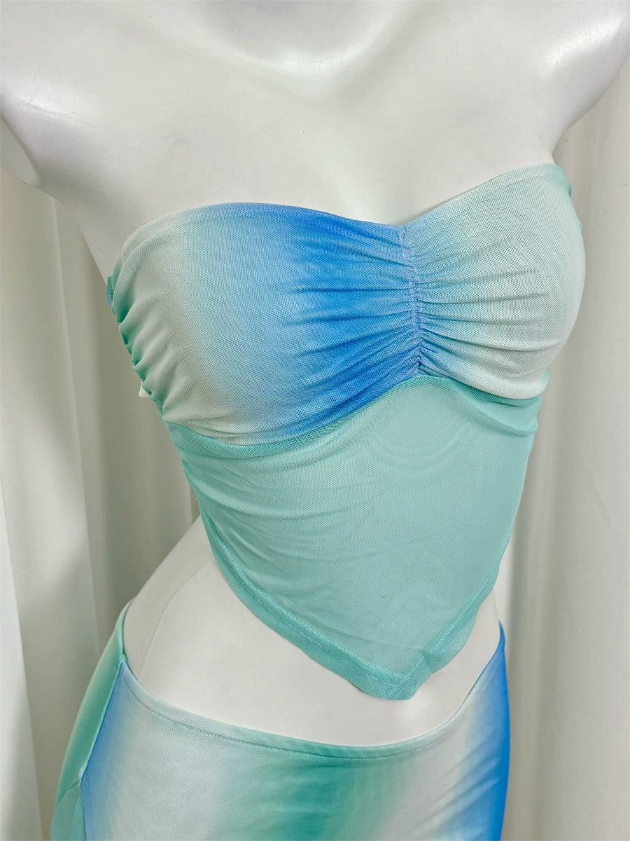 blue mesh bandeau two piecce set