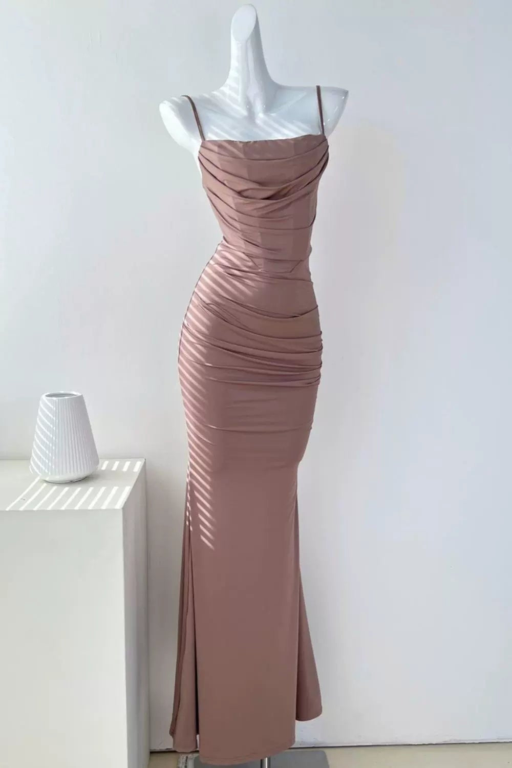 suspenders fishbone folds fishtail maxi dress