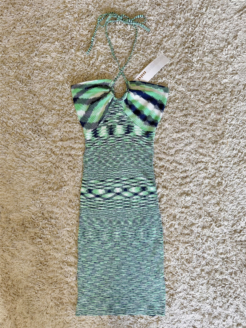 green knitted halterneck lace-up wrap dress