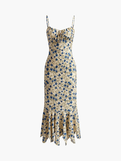 Floral V-Neck Tie-up Irregular Ruffled Mermaid Dress