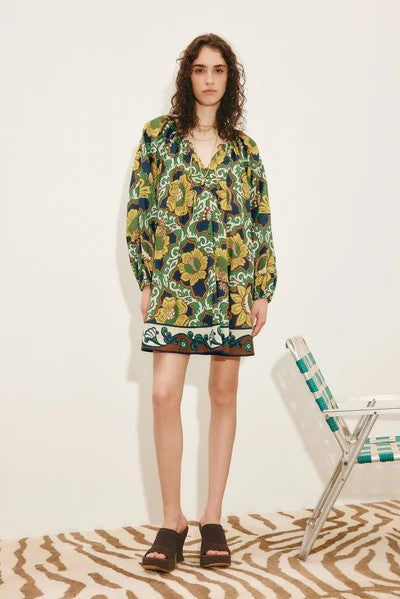Bohemian V-neck floral print vacation mini dress  - green