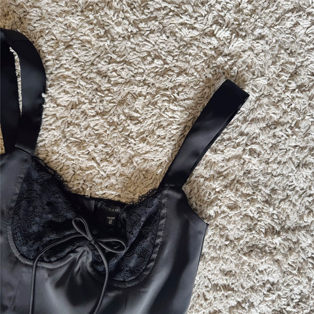 vintage lace paneled bow lace-up black satin glossy cropped suspender top