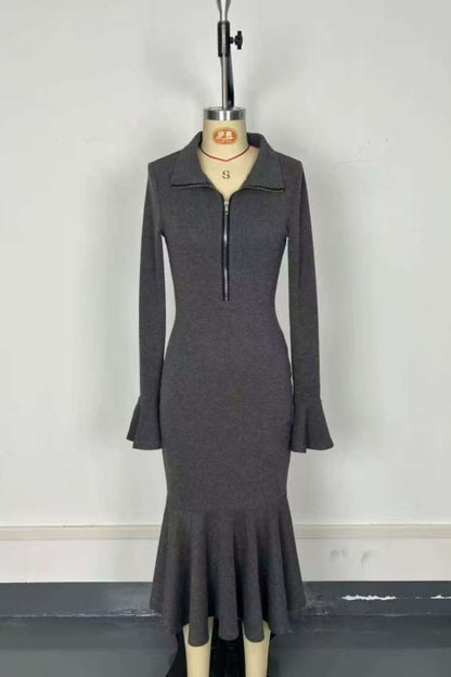 Zippered collar bell sleeve knit fishtail dress