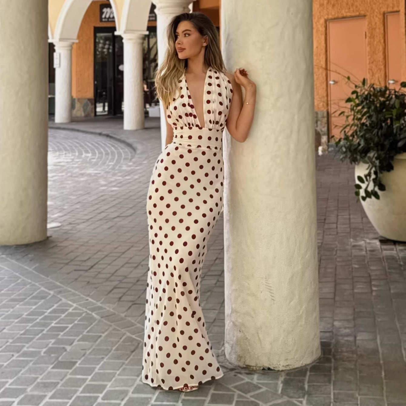 deep V print halterneck dress