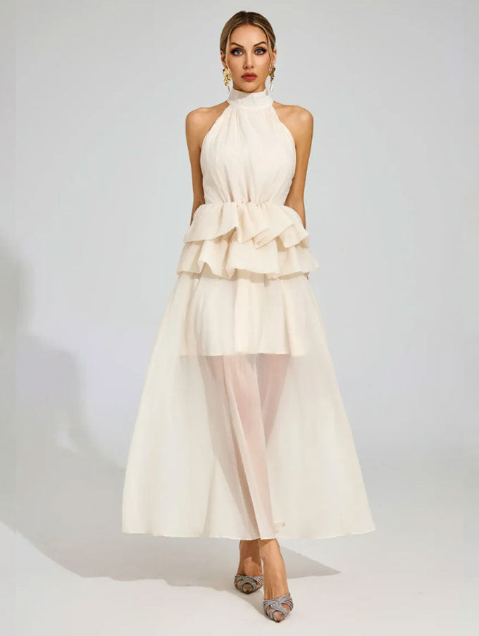 apricot sleeveless halterneck fluffy ruffled dress