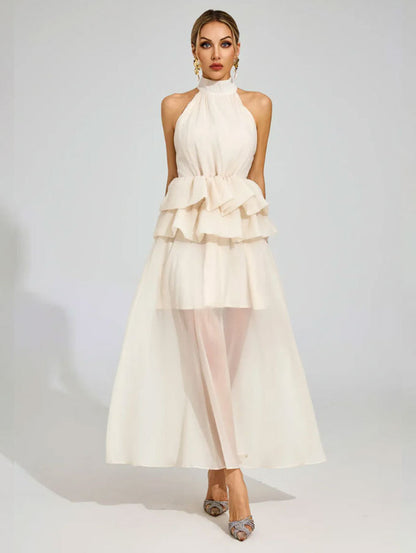 apricot sleeveless halterneck fluffy ruffled dress