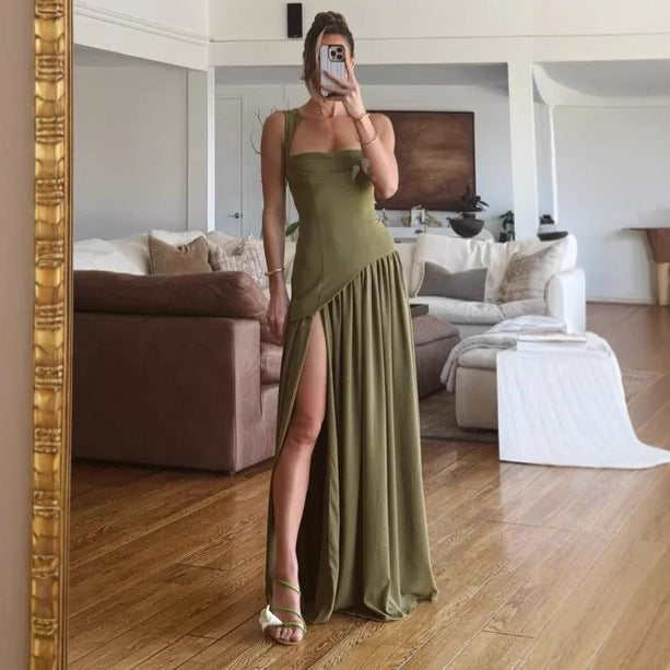 green slim strap open back streamer dress