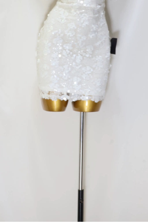 white sequin suspenders mini dress