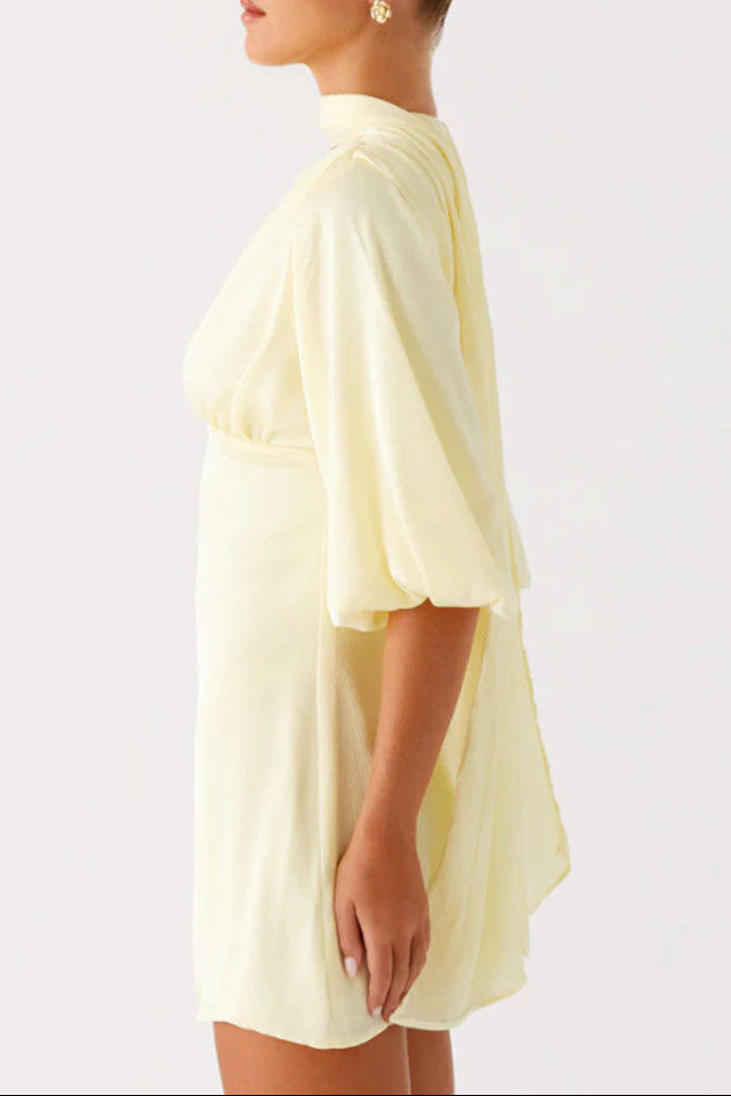yeloow V-neck lantern mid-sleeve waist dress