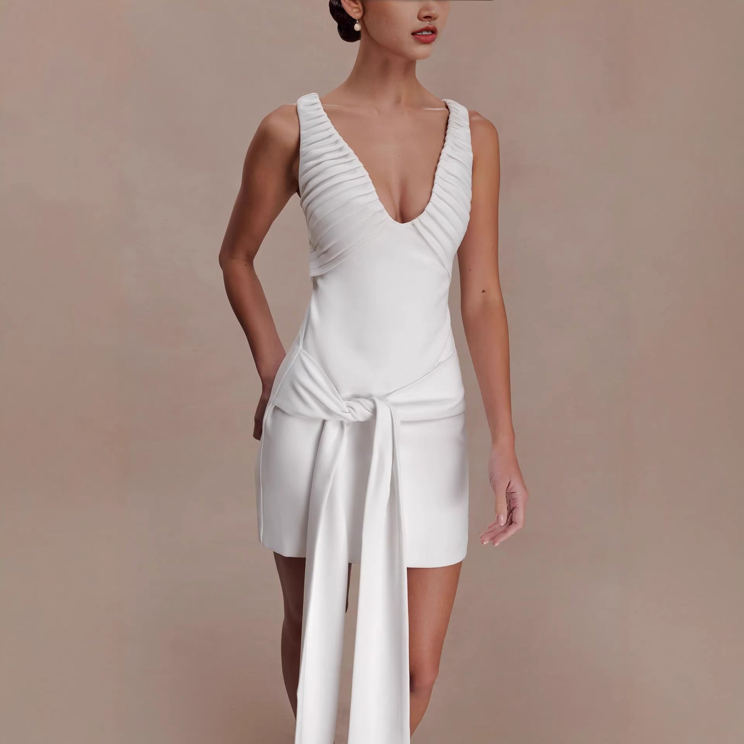 white halterneck deep V-neck streamer dress