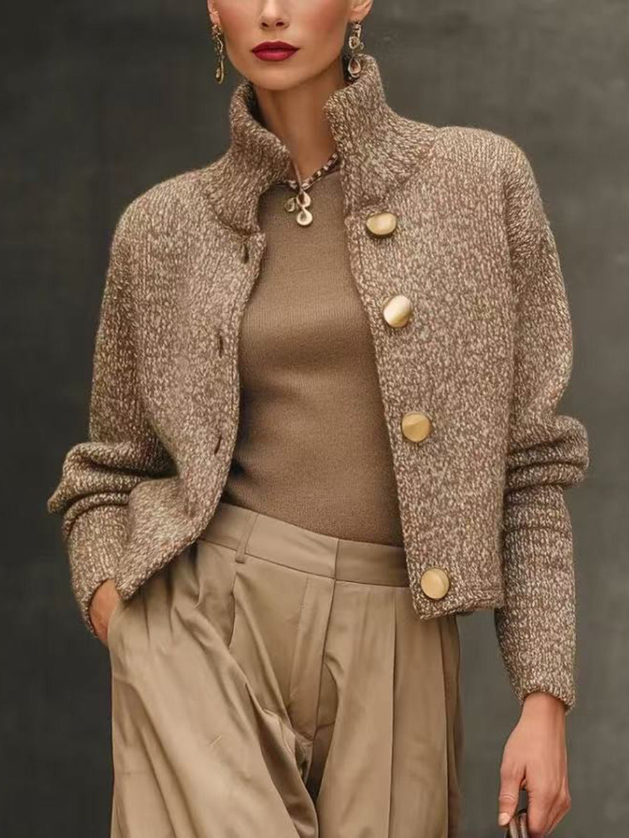 High-neck button-down knit short cardigan jacket