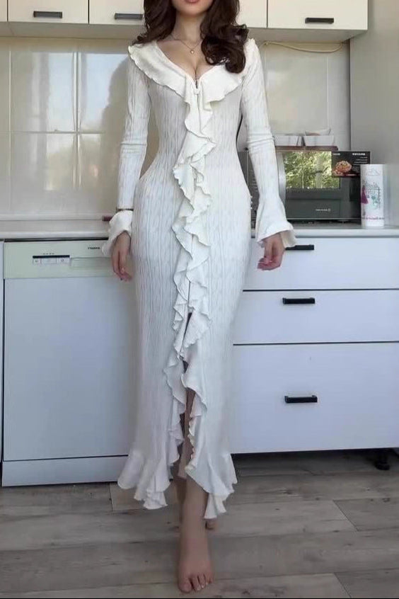 queena white long-sleeved maxi dress