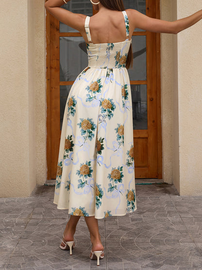 yellow print high slit open back midi dress
