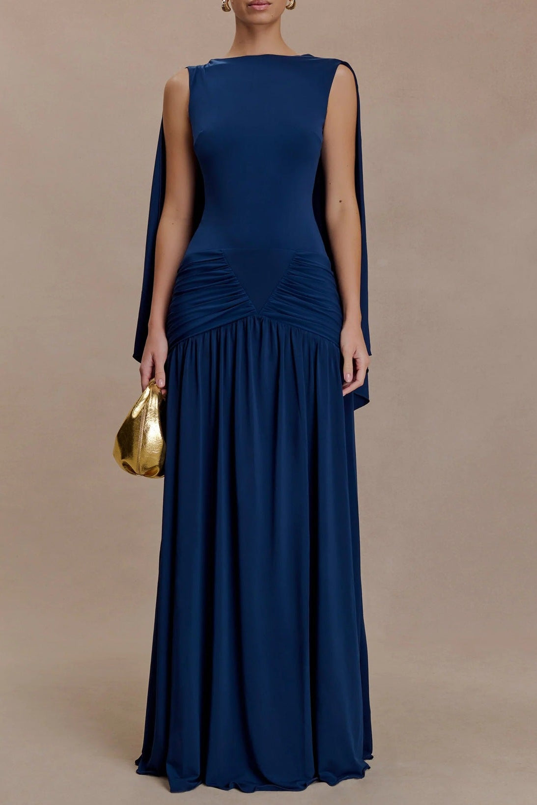 navy open back cape pleated maxi dress