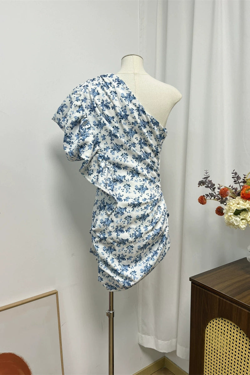 blue flower slanted shoulder flying sleeve dress