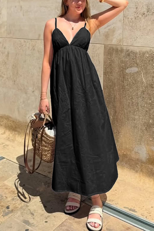 black suspender deep V high-waisted loose dress