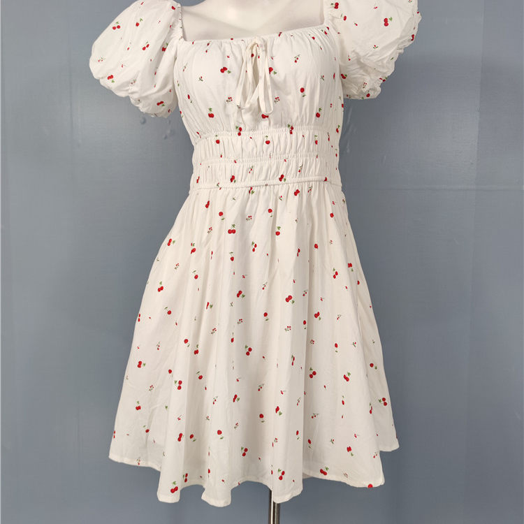 white cherry print short sleeve mini dress