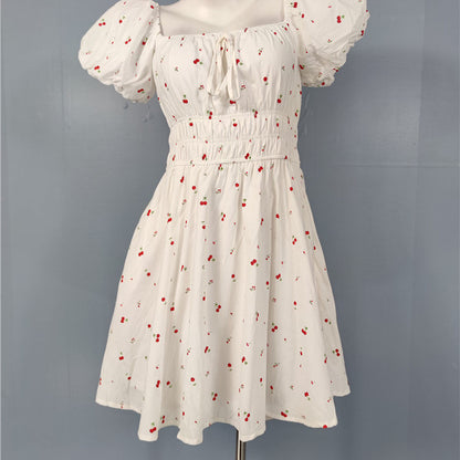 white cherry print short sleeve mini dress