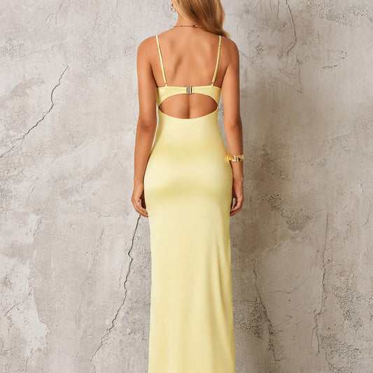 yellow backless V-neck hip-hugging maxi dress