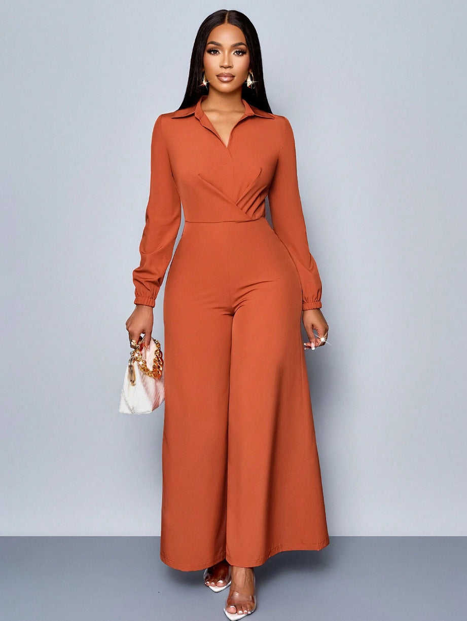 Collared Long-Sleeved Belt Wide-Leg Jumpsuit