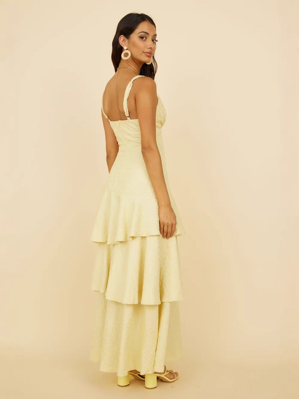 yellow suspender V-neck maxi dress