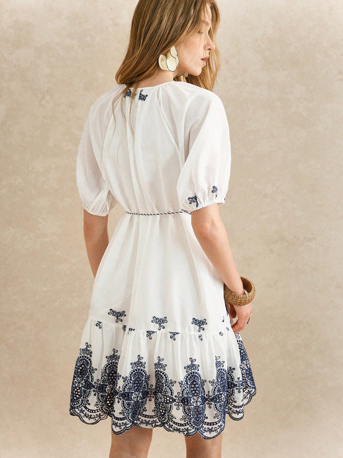 White floral embroidered ribbon crochet mini dress