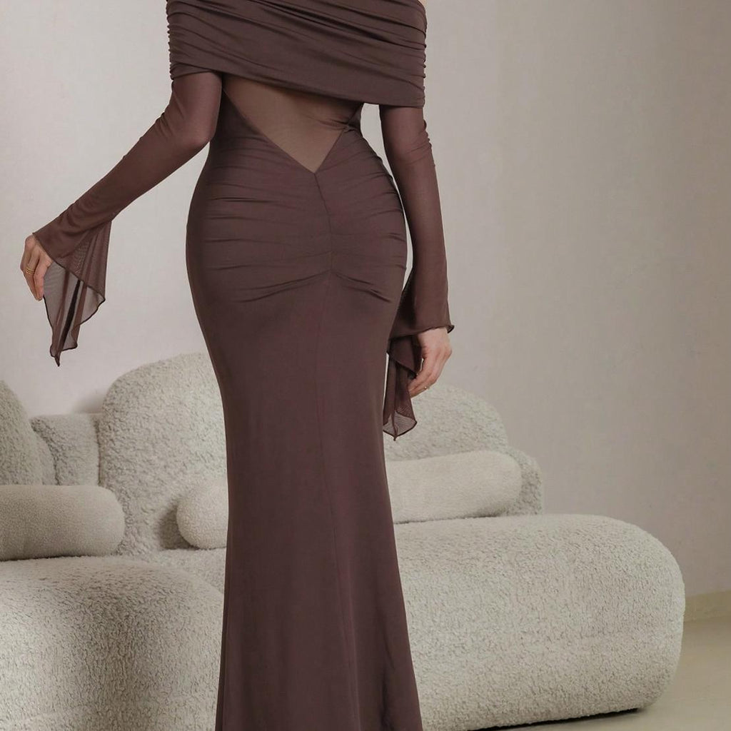 brown one-shoulder long-sleeved maxi dress