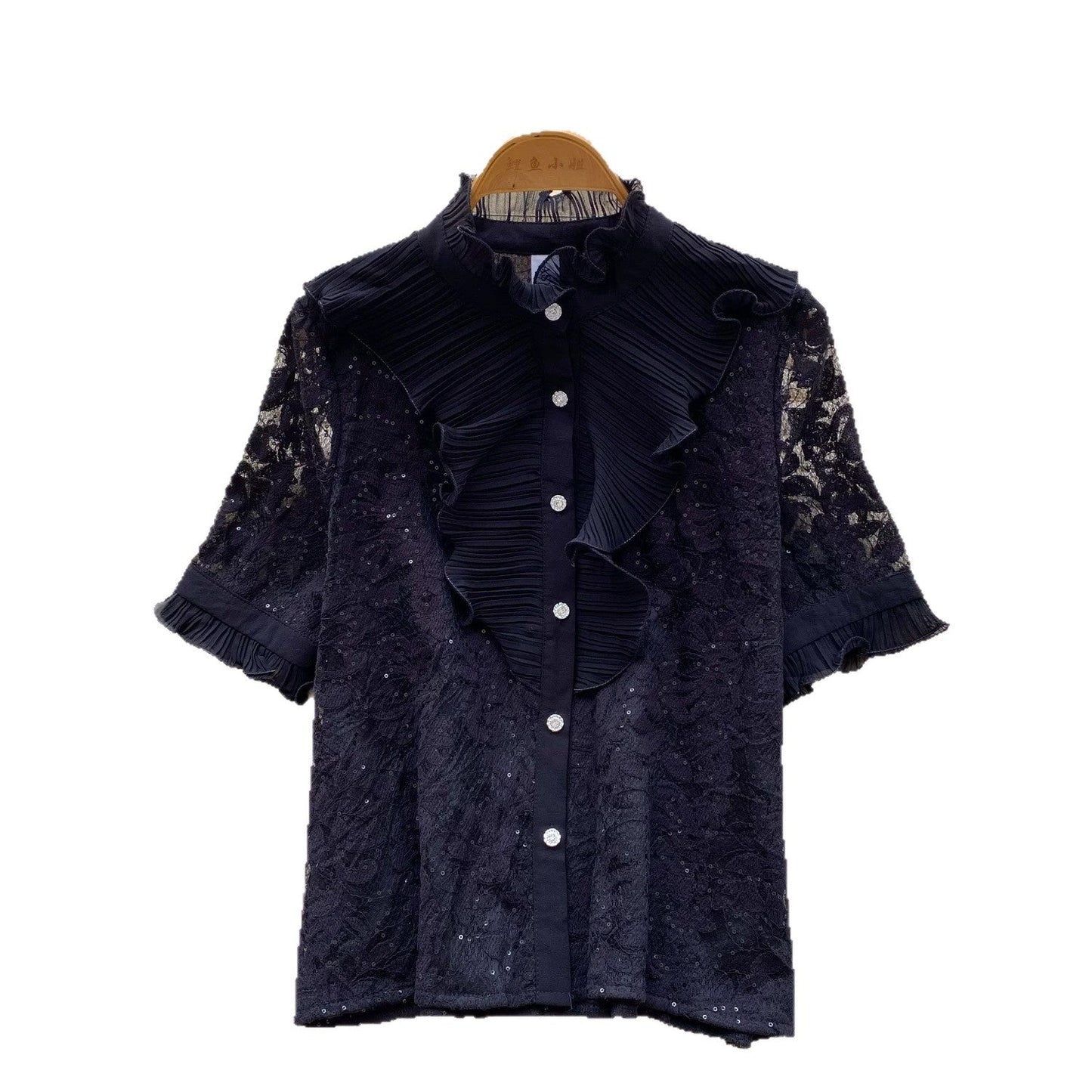 Lace-trimmed stand-up collar short-sleeved shirt