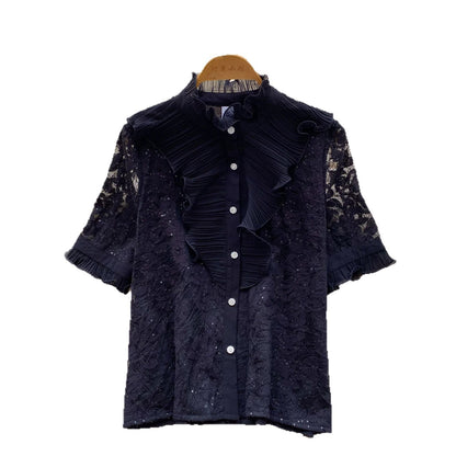 Lace-trimmed stand-up collar short-sleeved shirt