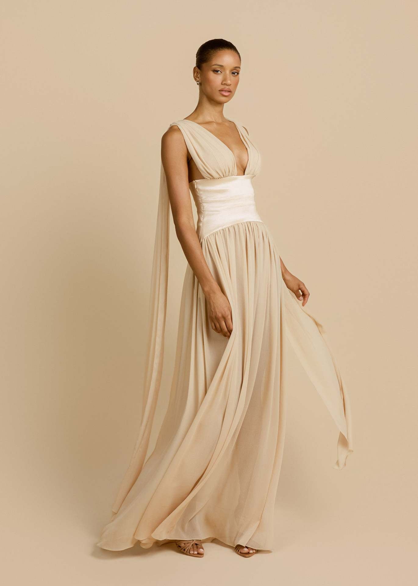 apricot swing pleated waist maxi dress