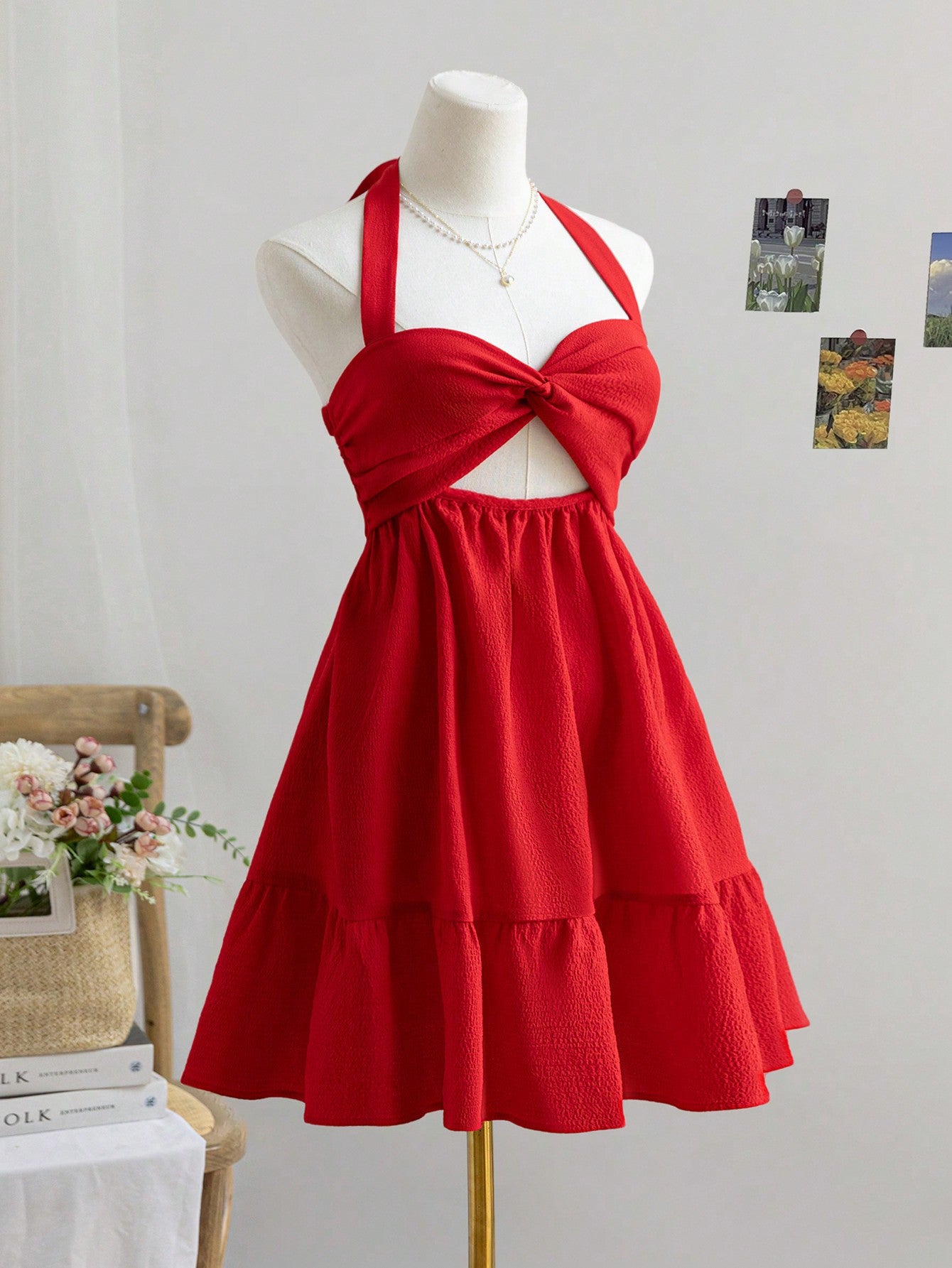 mona Red halter-neck backless mini dress