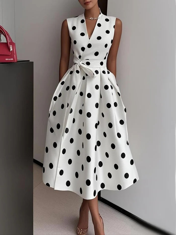 white polka dot strapless maxi dress